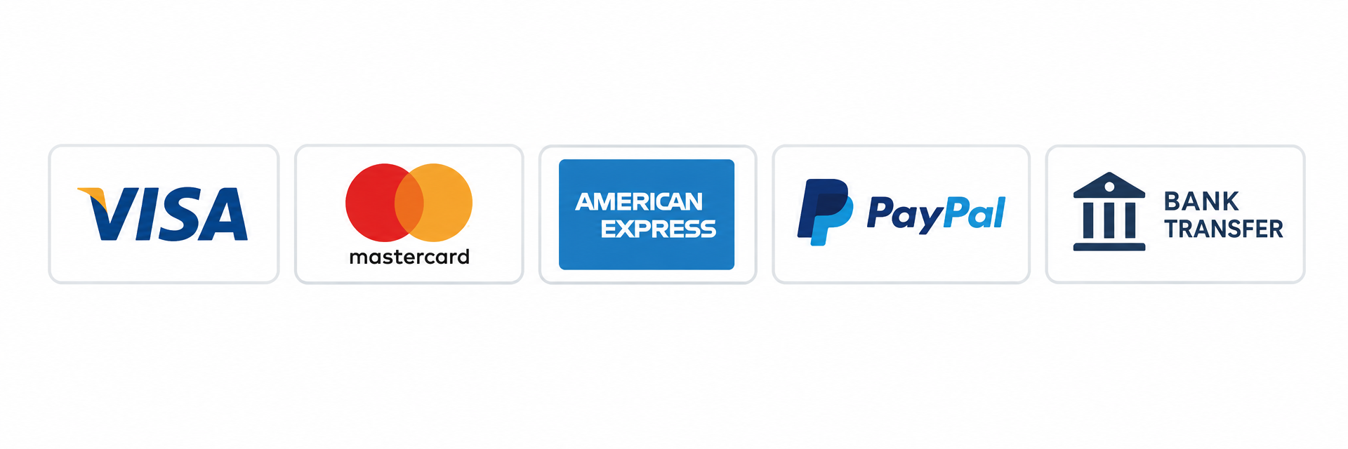 Métodos de pago disponibles: Visa, Mastercard, American Express, PayPal y transferencia bancaria